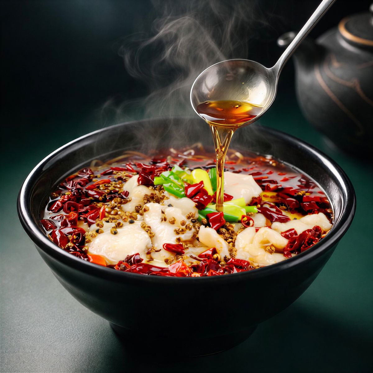 Sichuan Chilli-Poached Fish: sliced fish in a chilli-infused broth