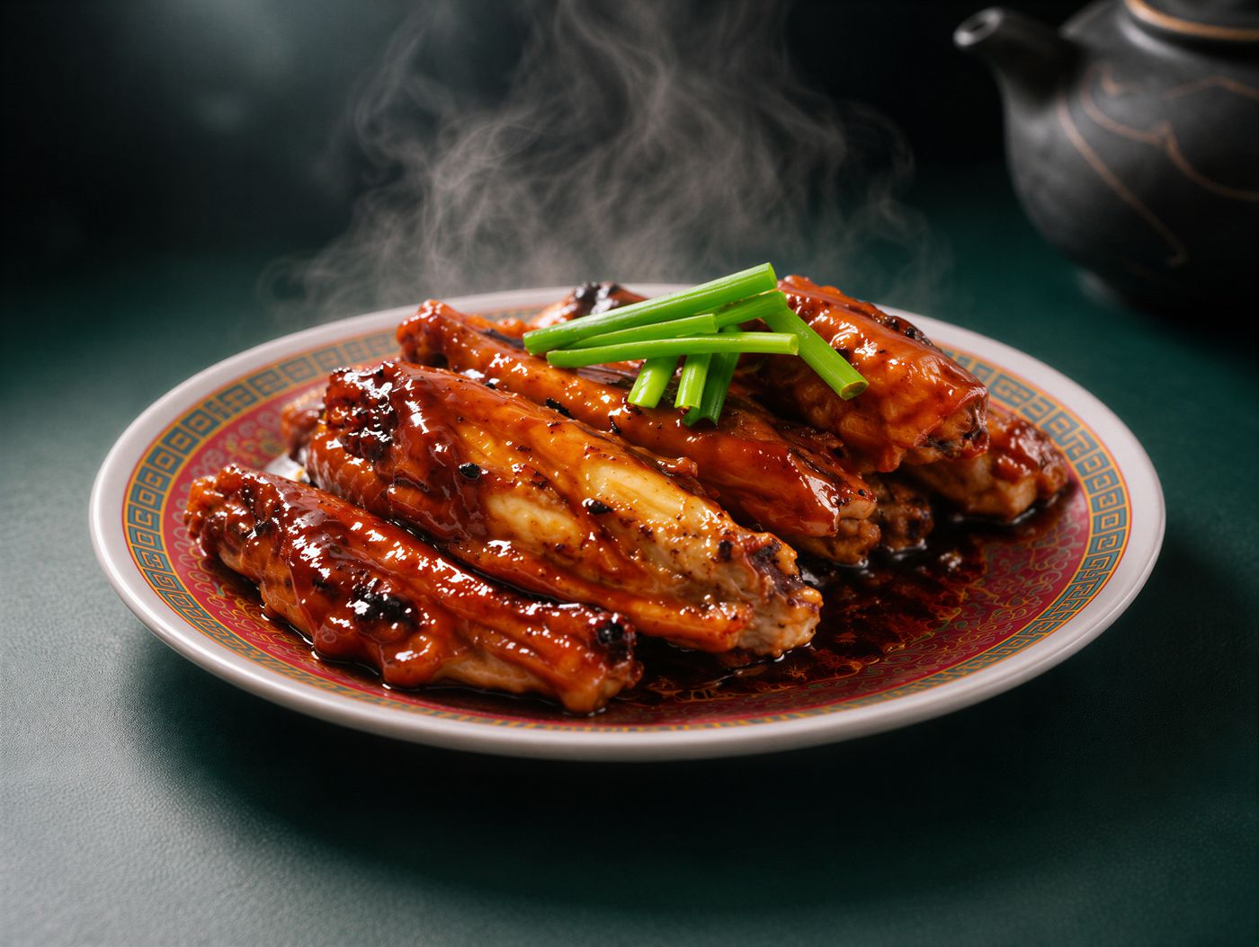 Cola-Glazed Chicken Wings: chicken wings in a glossy, sweet-and-savoury glaze, topped with spring onion