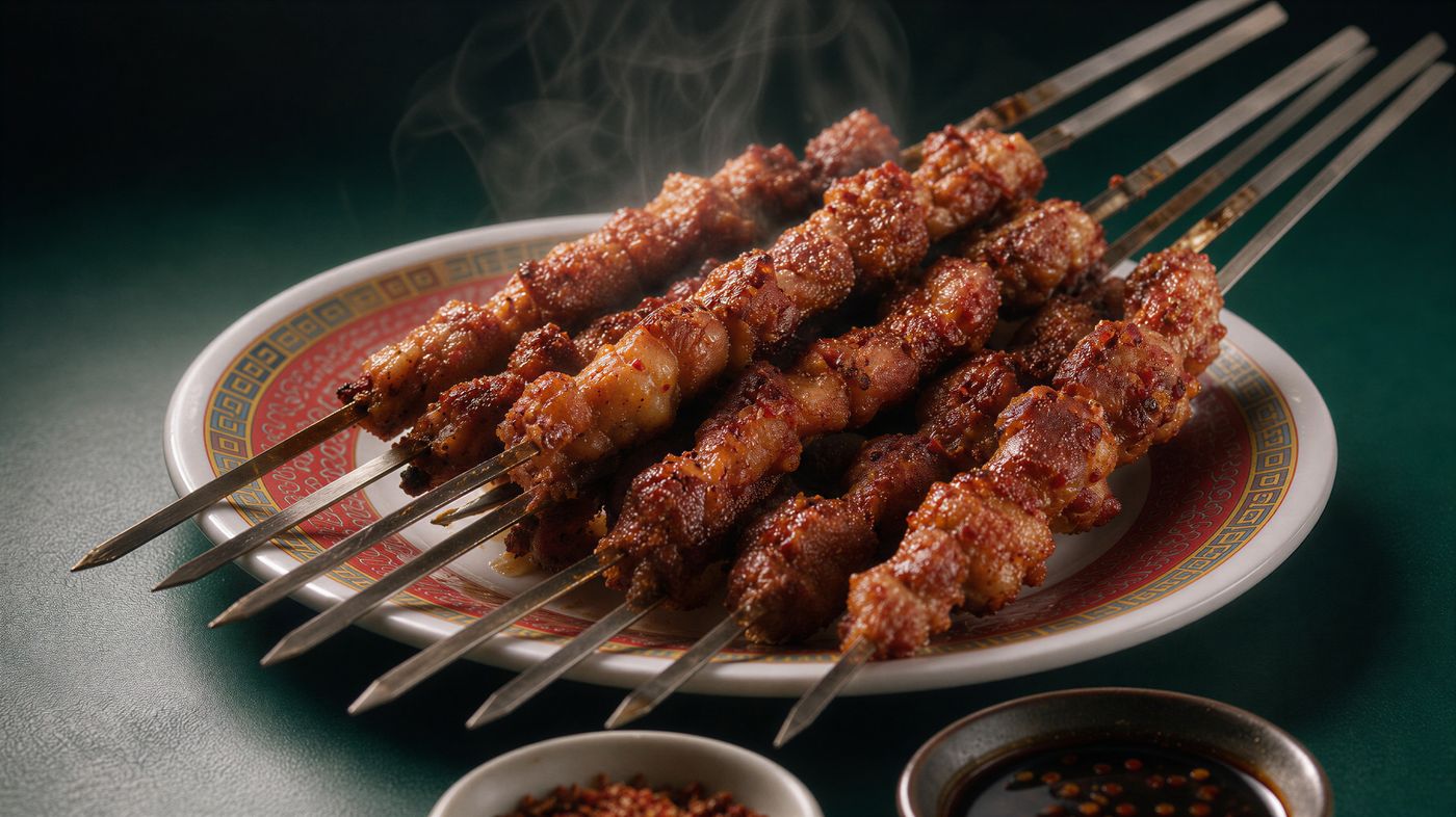 Dongbei Cumin Lamb Skewers on metal skewers, lightly charred