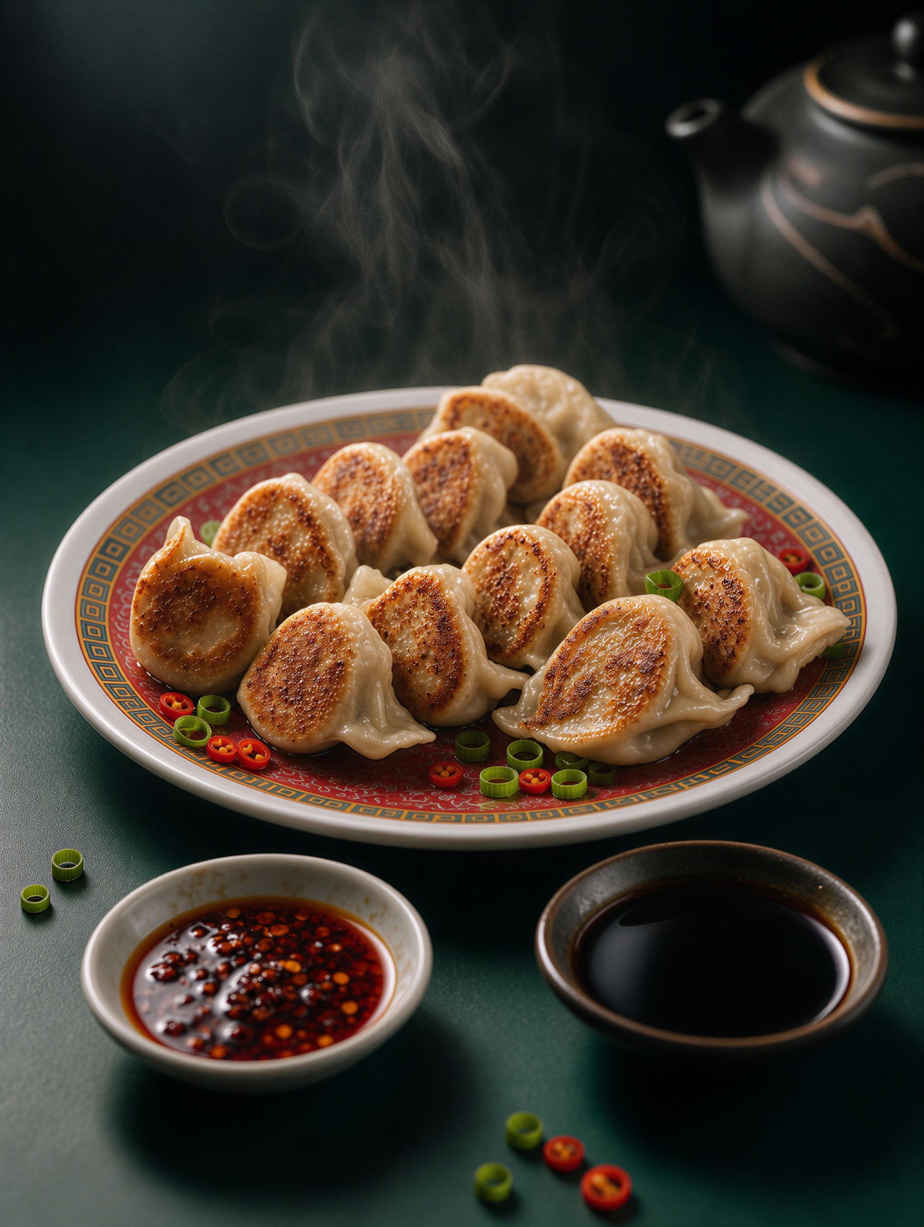 Pan-fried dumplings with golden crisp bottoms, served with chilli oil and black vinegar