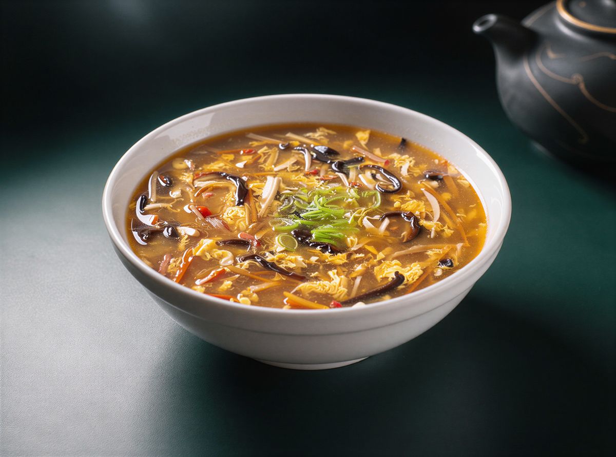 Hot & Sour Soup with wood ear mushrooms, bamboo shoots and spring onion
