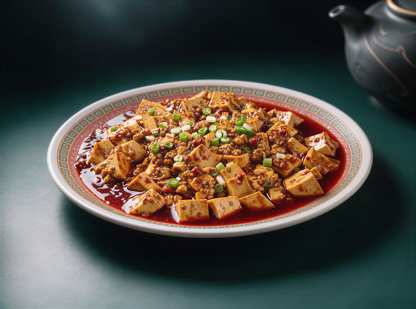 Sichuan Mapo Tofu: soft tofu in a red chilli-bean sauce with spring onions